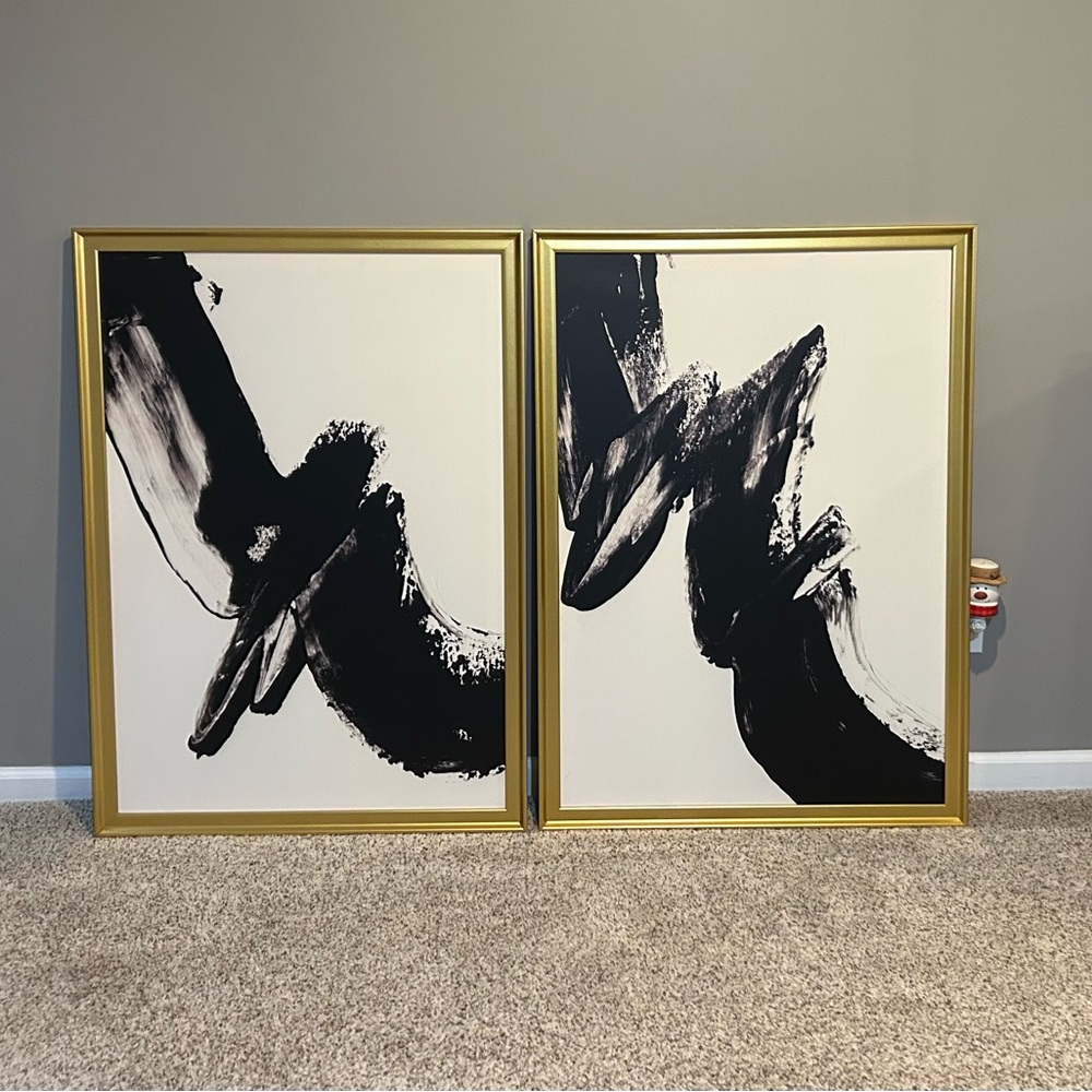 Abstract Black and White Art with Gold Frame set of 2